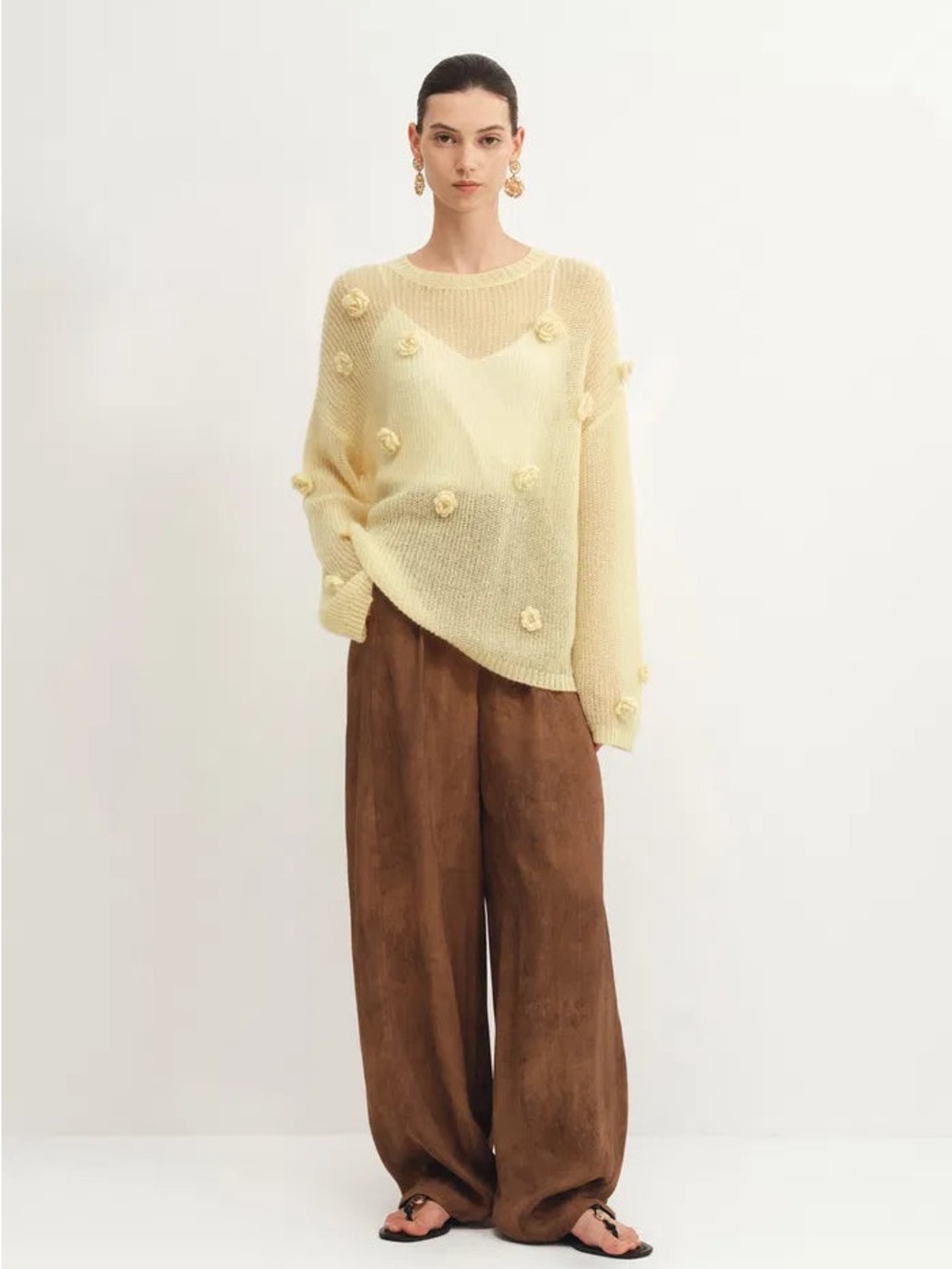 Light hand crochet Yellow Floral Pom-Pulse Knit Sweater